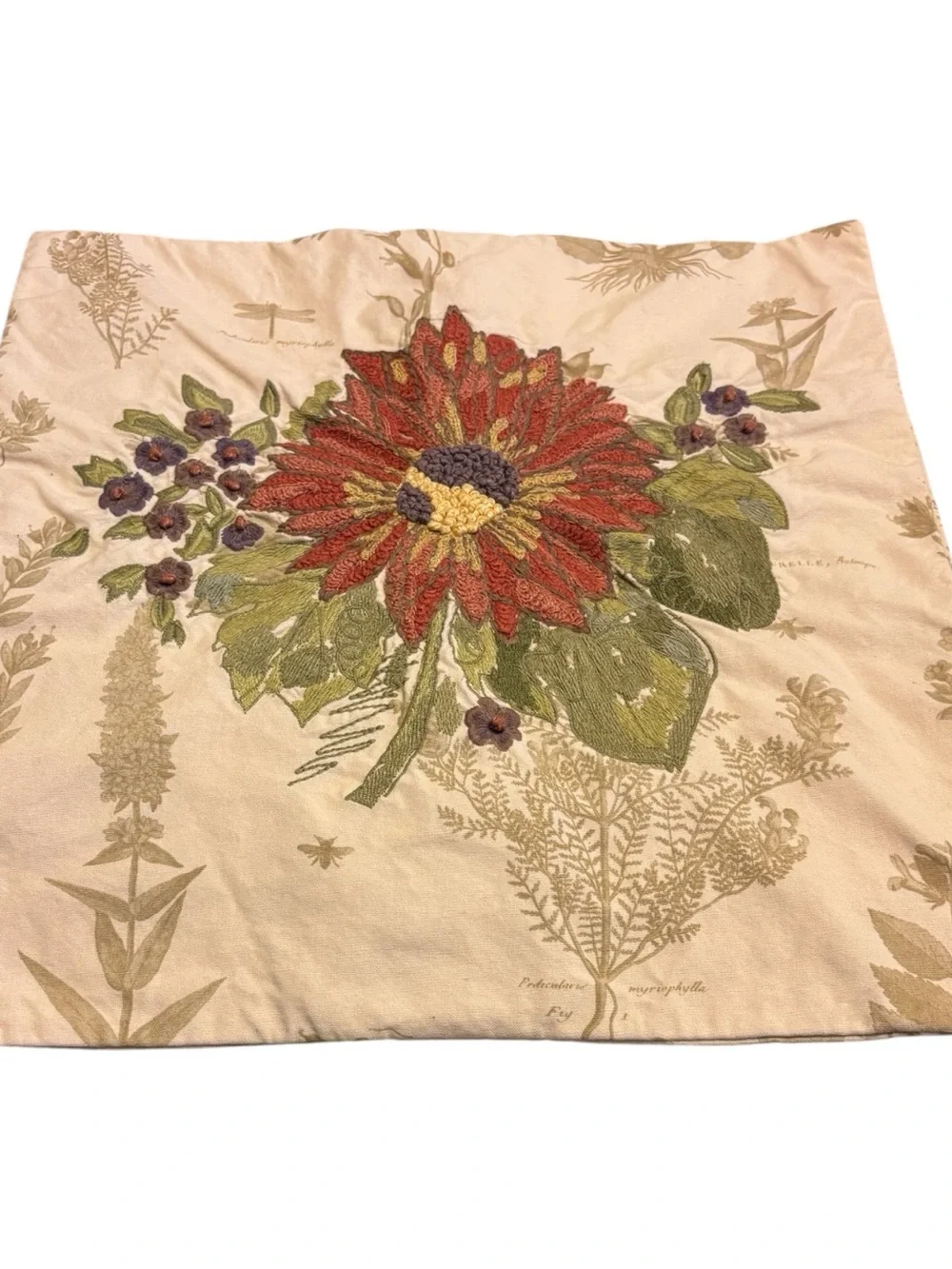 Pottery Barn Floral Crewel Embroidered Throw Pillow Sham Cover Botanical Buttons